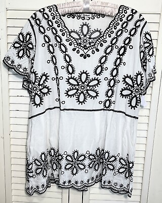#ad NEW Plus Size 2X White Blouse Black Embroidered Top Floral Peasant Shirt $29.95