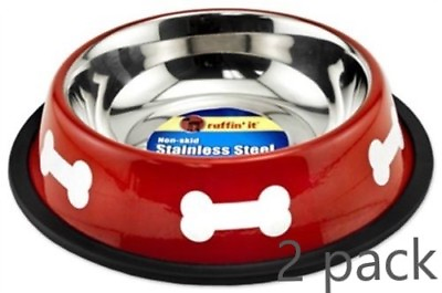 #ad 2 Pack Fashion Steel Bowl Red W White Bones For Dogs 16oz $15.99