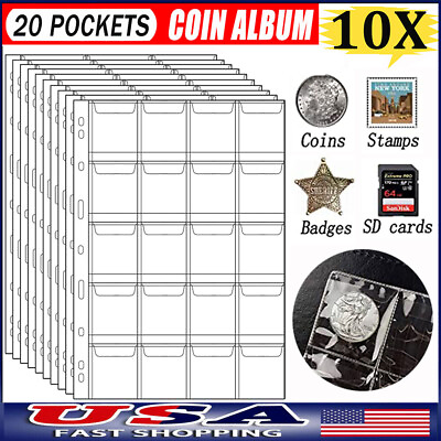 #ad 10PCS 20 Pockets Coin Holder Folder Pages Sheets For Collection Album Storage US $11.99