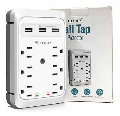 #ad VICOUP 6 Outlet Extender Surge Protector Multi Plug 3 USB Wall Adapter Tap 1080J $89.96