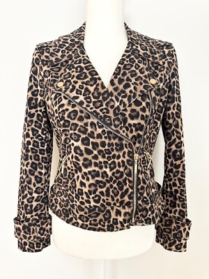#ad White House Black Market Womens Zip Up Jacket Size 2 Black Brown Animal Print $24.99