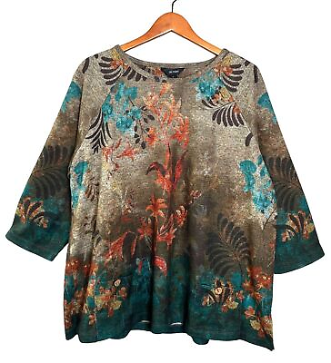 #ad Ali Miles Top Brown Orange Green Watercolor Floral Art Wear Knit Pullover 1X $26.21