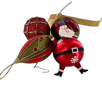 #ad Lot 4 Glam red gold Glitter Christmas Ornaments shatterproof Santa Velvet Holy $11.98