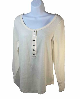 #ad Old Navy Long Sleeve Thermal Women Small Cream Waffle Knit Buttons Henley Style $8.00