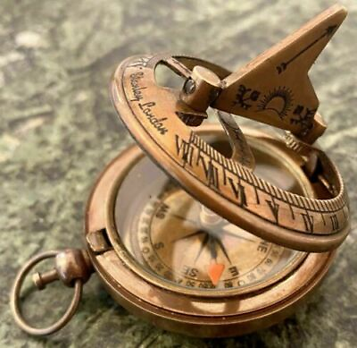 #ad Pocket Sundial Vintage Compass New Push Button Full Brass Enclosure $23.37
