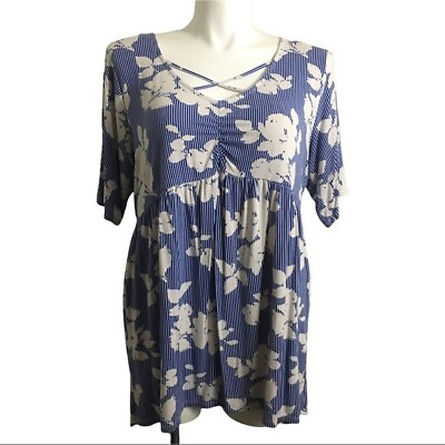#ad Boutique womens blue white shirt sleeve knit floral top. Sz stretch half sleeve $18.99
