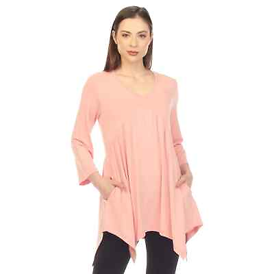 #ad White Mark Womens Plus Size Empire Cut Tunic Top Quarter Sleeve V neck Pink 2X $25.00