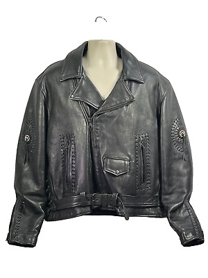 #ad Unik Fringed tassels Men#x27;s Whip Stitch Leather Jacket Sz 48 Motorcycle Heavy $139.95