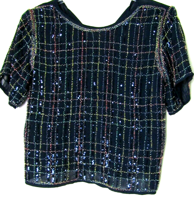 #ad English Rose Front Beaded Sequence Dark Navy Blue Short Sleeve Crop Top M $34.99