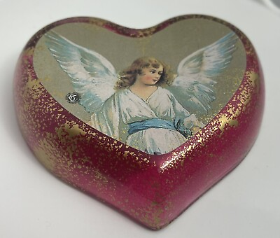 #ad Red amp; Gold Glass Heart Trinket Intaglio Dish W An Angel On Back Valentine Day $16.00