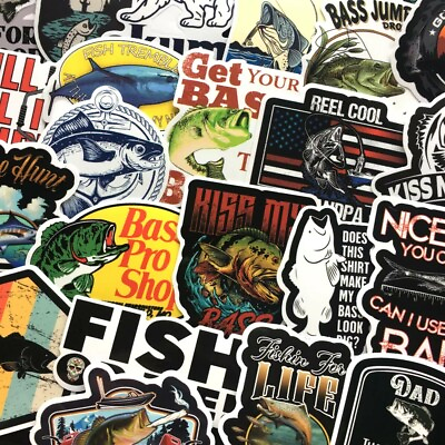 #ad 50pcs Fishing Outdoors Themed Waterproof Sticker Pack Bass Fish Stickers Set $5.99