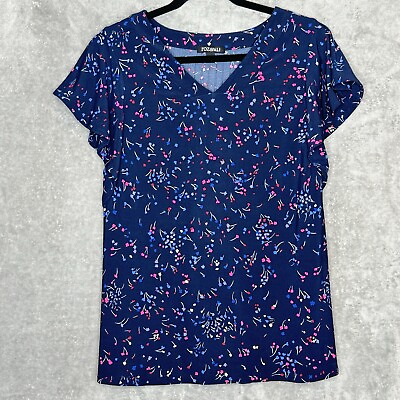 #ad Roz amp; Ali 2X Shirt Top Blue Floral Flutter Cap Sleeve V Neck Stretch Casual $20.40