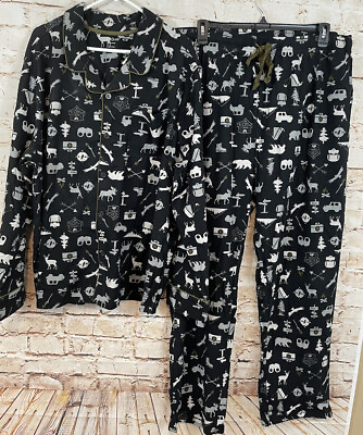 #ad NEW Cuddl Duds men Large flannel pajamas set cozy lodge cabin black compass bear $18.56