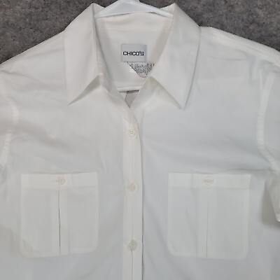 Chicos Women#x27;s Shirt Long Sleeve White Roll Tab M Size 1 $24.99