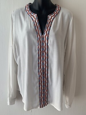 #ad Market and Spruce white red blue boho v neck rayon poly blouse shirt Large $13.95