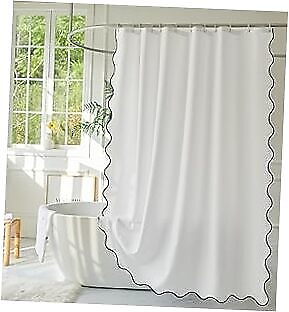 #ad White Fabric with Black Scalloped Border Shower 36quot;W×72quot;H Black Edge $37.31