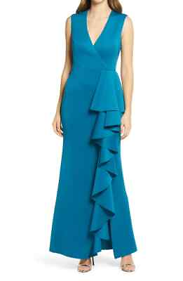 #ad ELIZA J NEW $138 Sleeveless Ruffle Stretch Satin Gown in Peacock Size 2 $23.75