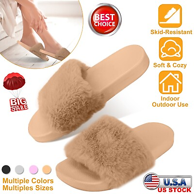 #ad Faux Fur Slides Fuzzy Fluffy Slippers Flat Soft Flat Slide Sandals Open Toe $13.01