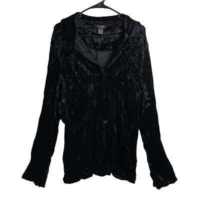 #ad Citron Santa Monica Silk Velvet Long Sleeve Top Large Women Black Crinkle Button $42.70