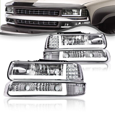 #ad Fit For 99 02 Chevy Silverado 00 06 Suburban Tahoe LED BAR DRL Chrome Headlights $89.80