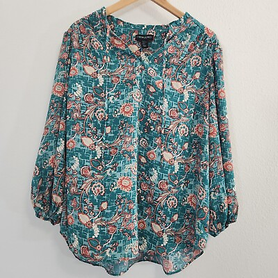 #ad Cynthia Rowley Blouse Women Plus Size 2X Blue Green Floral Flowy Top Career Work $19.99