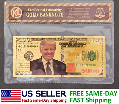 #ad 1Pc President Donald Trump Colorized $5000 Bill Gold Foil Banknote US w COA 🔥 $4.95