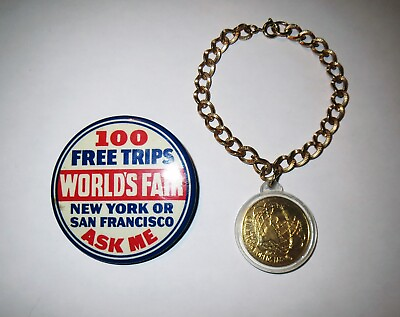#ad New York Worlds Fair JEWELRY LOT RARE PIN BACK amp; GOLD COIN CHARM BRACELET $42.50