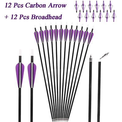 #ad 12Pcs 31quot; Carbon Arrows Spine 350 OD 7.5mm amp; 12Pcs Broadheads Archery Hunting $45.59