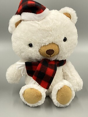 #ad Hallmark 14” Aspen Polar Bear Buffalo Plaid Hat amp; Scarf Stuffed Animal Toy $10.40